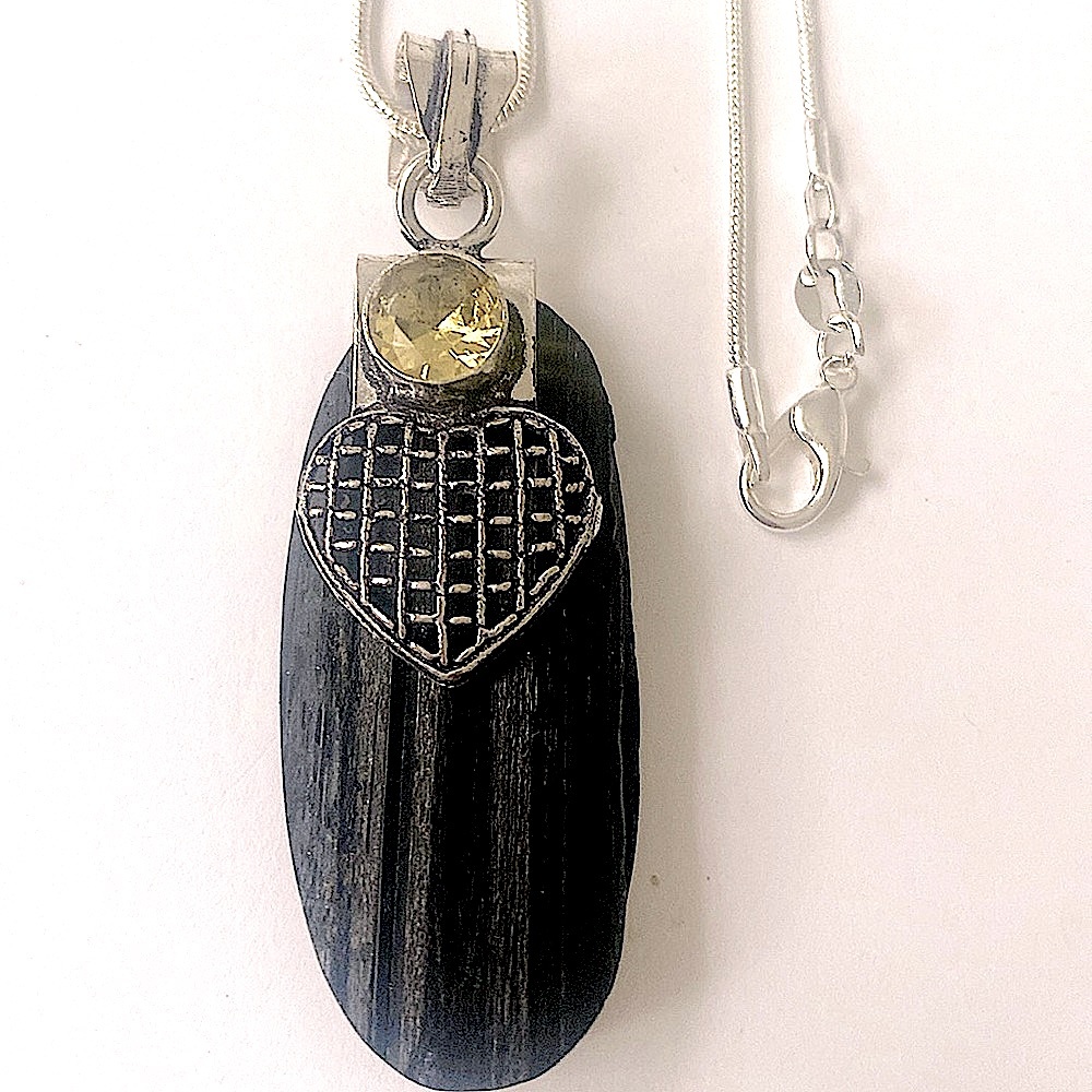 1 3/4 inch Black Tourmaline ,Citrine and a silver heart pendant on a  chain